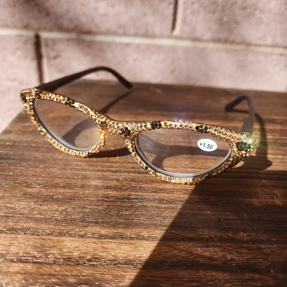 Women's Bling Cat Eye Readers Brown Rhinestones AB Reading Glasses Black +1.50